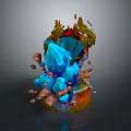 Wood and Stone Artistic Sculpture Featuring Blue Crystals Green Foliage and Rocks