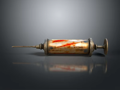 Vintage Medical Rusty Syringe with Red Stains on Shiny Reflective Surface 3d model
