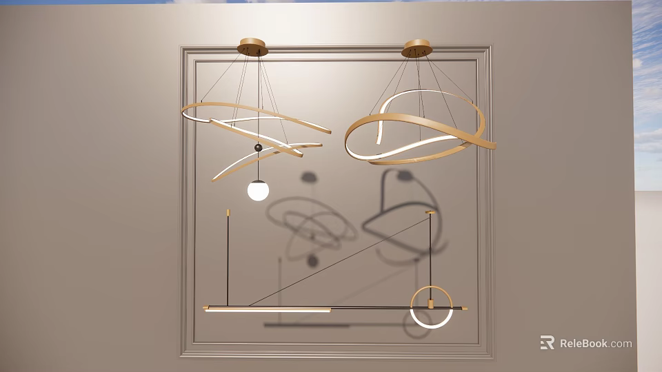 Modern Chandelier With Gold Curved Metal Lines Design And Soft Lighting For Interior Decoration 3d model 