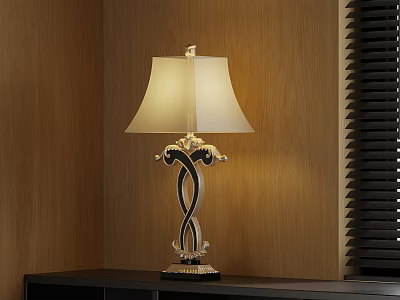 Elegant Table Lamp With Twisted Metal Base And Cream Fabric Shade On Wooden Wall Background 3d model