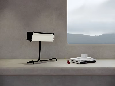 Minimalist Table Lamp With Black Stand White Shade On Tabletop Near Window Mountain View 3d model