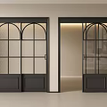 Modern Black Framed Sliding Doors With Arched Frosted Glass And Solid Wood Panels