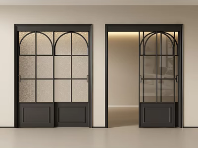 Modern Black Framed Sliding Doors With Arched Frosted Glass And Solid Wood Panels 3d model