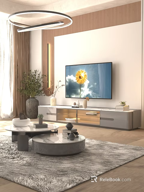 Modern Living Room Interior With TV Displaying Sunflower Green Plants Curtains And Coffee Tables 3d model 