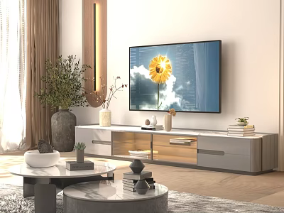 Modern Living Room Interior With TV Displaying Sunflower Green Plants Curtains And Coffee Tables 3d model