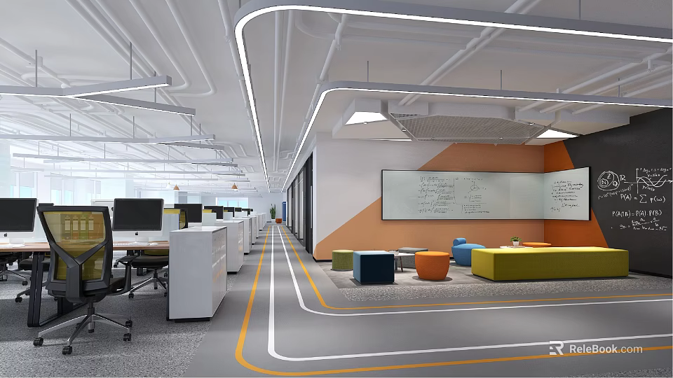 Modern Public Office Space With Open Workstations Bright Lighting And Colorful Lounge Area 3d model 