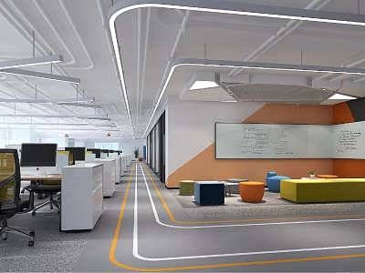 Modern Public Office Space With Open Workstations Bright Lighting And Colorful Lounge Area 3d model