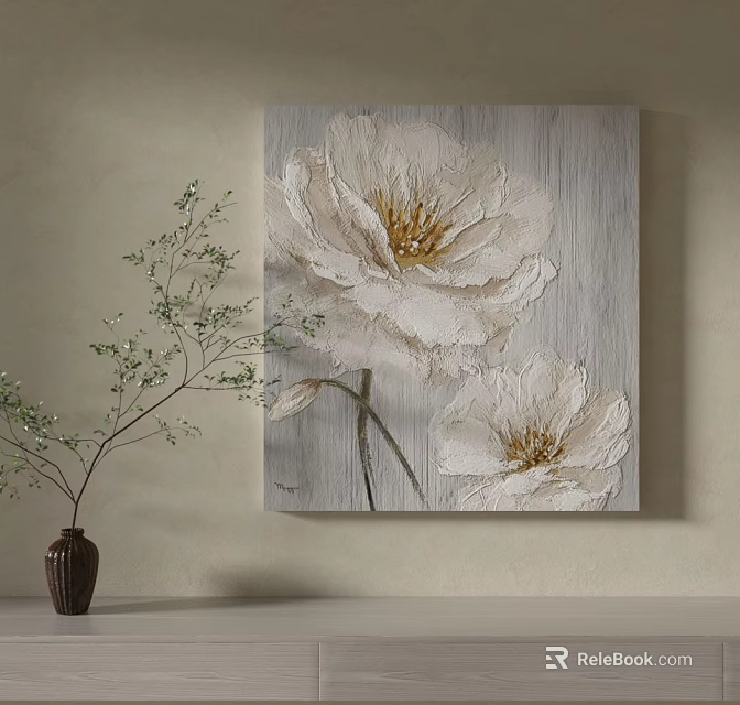 Handpainted Textured Plant Painting With White Flowers On Gray Background And Potted Green Branches 3d model 