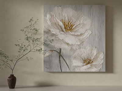 Handpainted Textured Plant Painting With White Flowers On Gray Background And Potted Green Branches 3d model