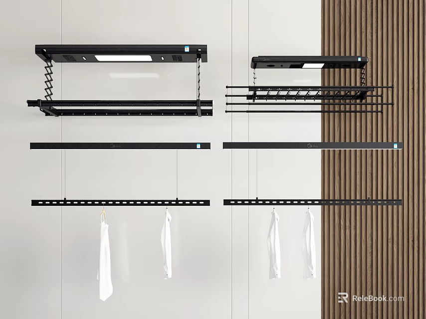 Black Clothes Drying Racks With Hanging Rods And White Towels On Wall 3d model 