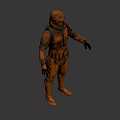 Man wearing rusted metallic armor with helmet and orange glowing eyes