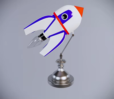 Creative Rocket Shaped Table Lamp With White Blue Red Orange Design And Silver Metal Base 3d model
