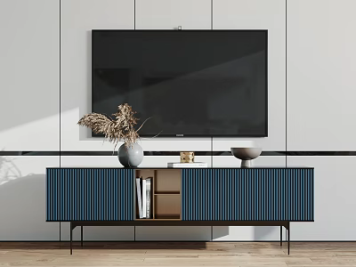 Modern Blue Striped TV Stand With Dried Plants Vase And Books Under Wall Mounted TV 3d model