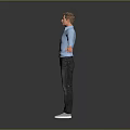 Man in blue shirt dark jeans and white sneakers with arms outstretched against gray background