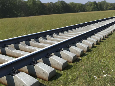 Road Facilities Railroad Tracks With Concrete Sleepers Lying In Green Grassland Field 3d model