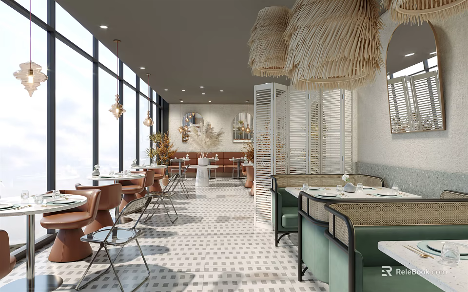 Modern Restaurant Interior With Large Windows Woven Pendant Lights And Geometric Floor Tiles 3d model 
