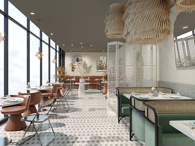 Modern Restaurant Interior With Large Windows Woven Pendant Lights And Geometric Floor Tiles 3d model