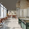 Modern Restaurant Interior With Large Windows Woven Pendant Lights And Geometric Floor Tiles