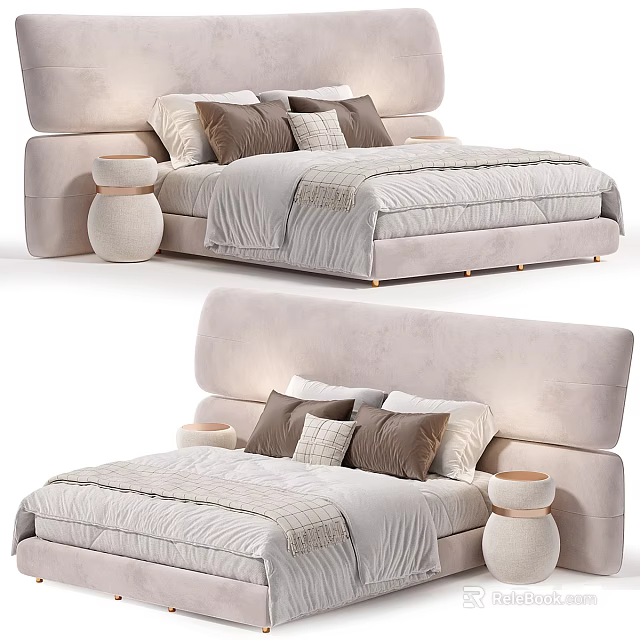Modern Double Bed With Upholstered Headboard Soft Pillows And Bedside Tables 3d model 