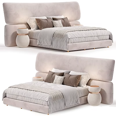 Modern Double Bed With Upholstered Headboard Soft Pillows And Bedside Tables 3d model