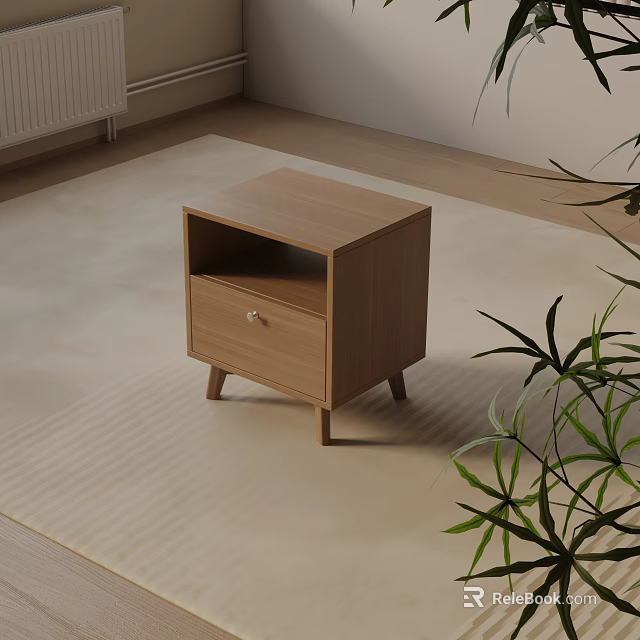Wooden Modern Bedside Table With Drawer Open Shelf And Slim Legs Near Green Plant 3d model 