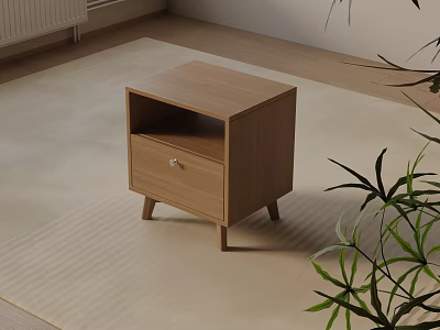 Wooden Modern Bedside Table With Drawer Open Shelf And Slim Legs Near Green Plant 3d model