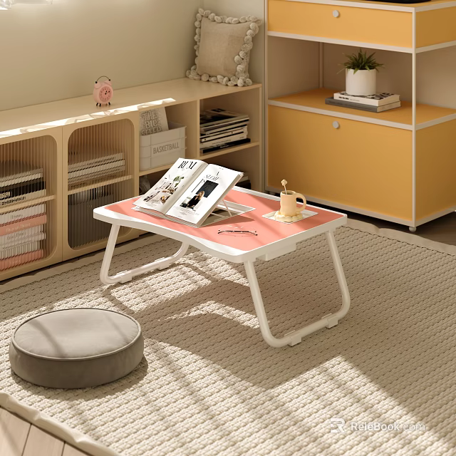 Cozy Room Decor With Foldable Pink Table Gray Cushion Storage Shelves Magazines Plants And Books 3d model 