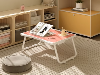 Cozy Room Decor With Foldable Pink Table Gray Cushion Storage Shelves Magazines Plants And Books 3d model