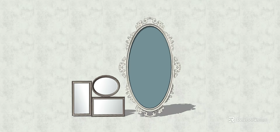 Ornate Oval Mirror With Carved Frame And Small Square Round Mirrors On Light Wall 3d model 