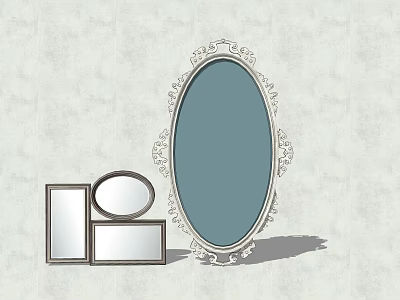 Ornate Oval Mirror With Carved Frame And Small Square Round Mirrors On Light Wall 3d model