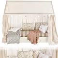 Cozy Kids Bed With Canopy Beige Curtains Star Garland And Patterned Pillows