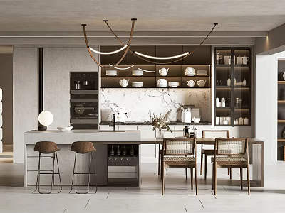 Modern Restaurant Interior With Hanging Chandeliers White Bowls On Shelves Marble Countertop And Bar Stools 3d model