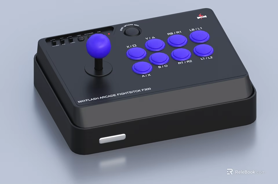 Black Game Fightstick With Purple Joystick And Multiple Control Buttons 3d model 