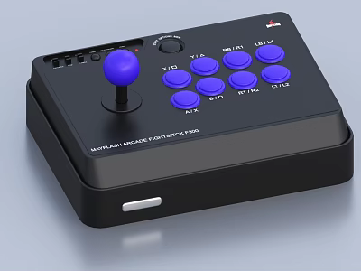 Black Game Fightstick With Purple Joystick And Multiple Control Buttons 3d model