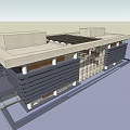Modern Office Building Exterior With Glass Facade And Horizontal Black Stripes
