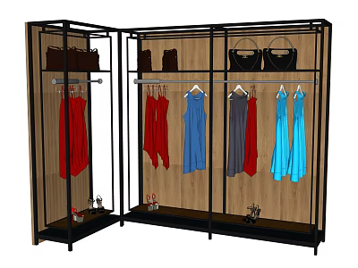 Retail Display Shelving with Hanging Fashionable Dresses Handbags and Shoes 3d model