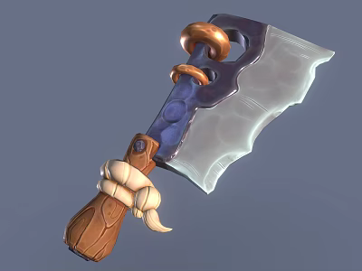 Medieval Cleaver Weapon with Translucent Scalloped Blade Wooden Handle Knotted Rope and Blue Core 3d model