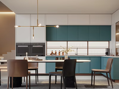 Modern Kitchen Interior With Teal Cabinets White Upper Cabinets Round Dining Table And Pendant Lights 3d model