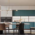 Modern Kitchen Interior With Teal Cabinets White Upper Cabinets Round Dining Table And Pendant Lights