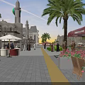 Bustling Shopping Street With Palm Trees Outdoor Restaurant Pedestrians And Hot Air Balloons
