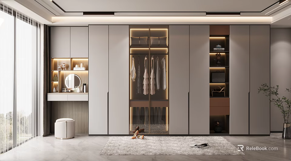 Modern Wardrobe Interior Design With Glass Door LED Lighting And Vanity Table 3d model 
