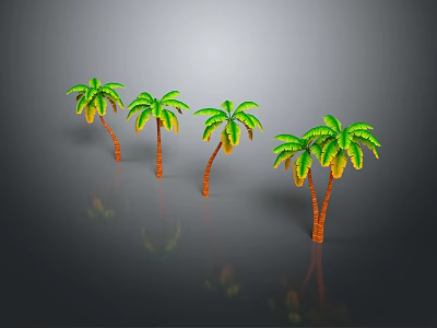 Cartoon Scene with Palm Trees Orange Trunks Green Yellow Leaves Gray Background Reflections 3d model