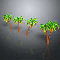 Cartoon Scene with Palm Trees Orange Trunks Green Yellow Leaves Gray Background Reflections