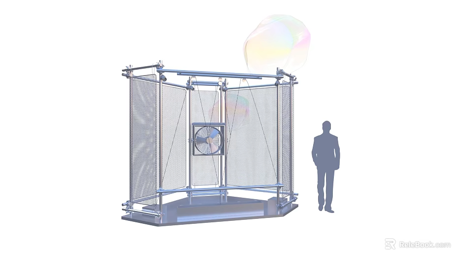 Art Installation With Metal Frame Mesh Structure Fan Floating Bubbles And Human Figure 3d model