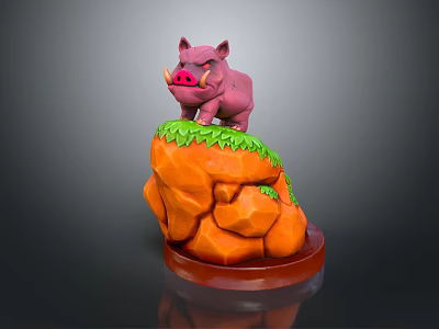 Pink Boar Figurine Standing On Orange Rock With Green Grass And Brown Base 3d model