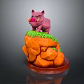 Pink Boar Figurine Standing On Orange Rock With Green Grass And Brown Base