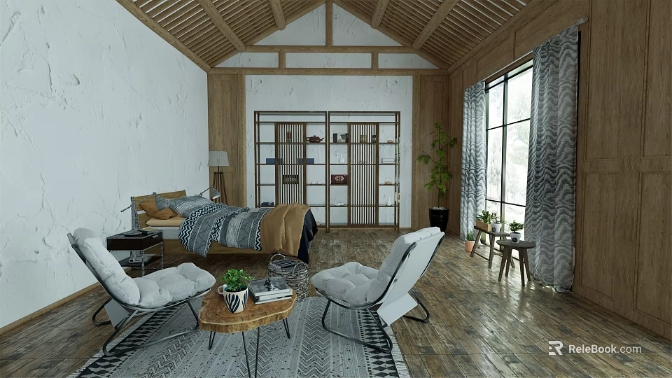 Hotel Guest Room Interior With Wooden Ceiling White Walls Open Shelves Armchairs And Large Windows 3d model 