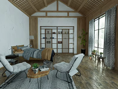 Hotel Guest Room Interior With Wooden Ceiling White Walls Open Shelves Armchairs And Large Windows 3d model