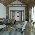 Hotel Guest Room Interior With Wooden Ceiling White Walls Open Shelves Armchairs And Large Windows