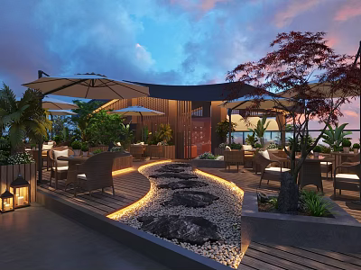 Outdoor Restaurant Terrace with Umbrellas Tables Chairs Green Plants Stone Path Lighting and Sunset Sky 3d model